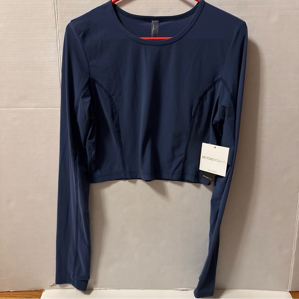 Beyond Yoga Powerbeyond Lite Air Shield Cropped Long Sleeve Top Blue L NWT